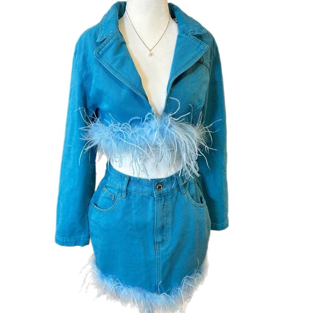 Fashion Nova Let's Ride Denim Skirt Set XS to small blue w feathers